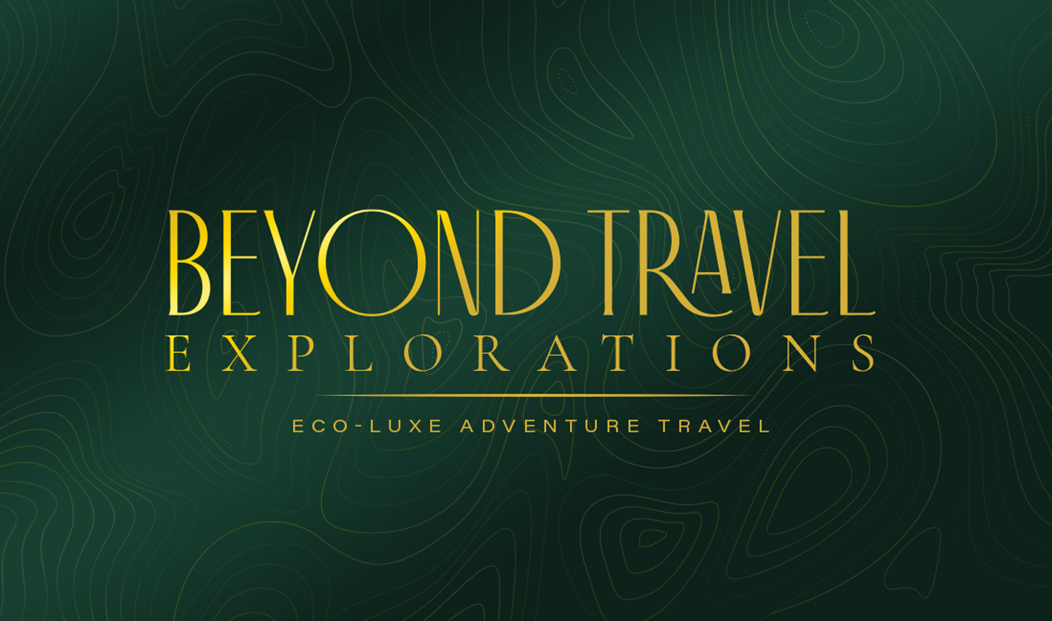 Beyond Travel Explorations logo in gold on a deep green topographic pattern
